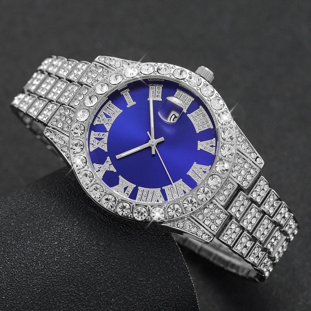 Relógio de quartzo feminino, moda casual, diamante completo, pulseira com mostrador azul romano, sem caixa, 2 peças por conjunto Qme
