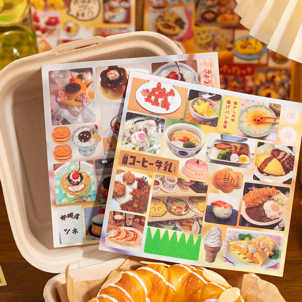 20/40pcs Die-Cut Sticker Book - Japanese Food & Dessert Vintage Showa Style，Glitter Matte Finish，School Stationery supplies Qme