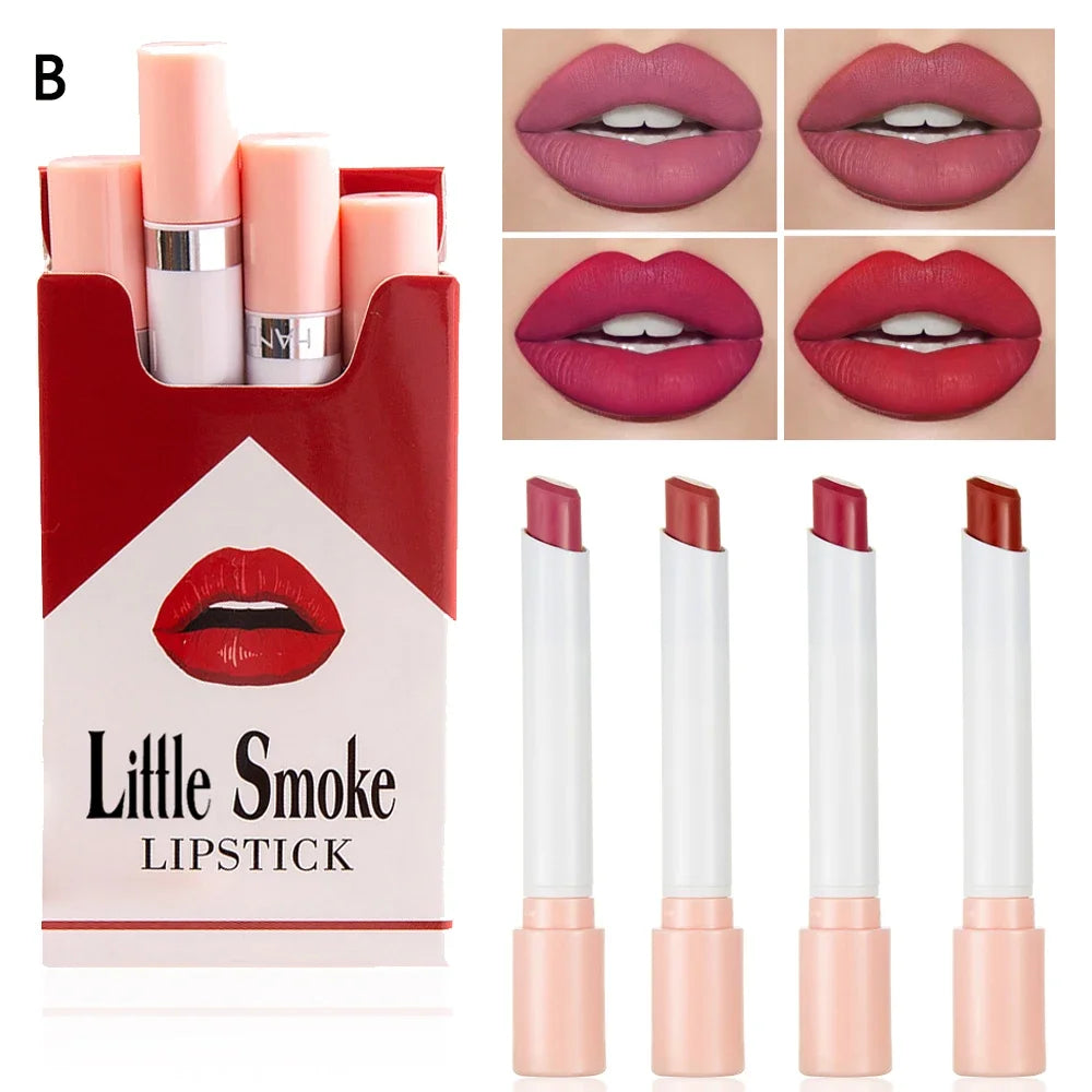 Creative Cigarette Lipstick Set 4 Colors Matte Long Lasting Waterproof Matt Lip Stick Tube Nude Red Lips Makeup Qme