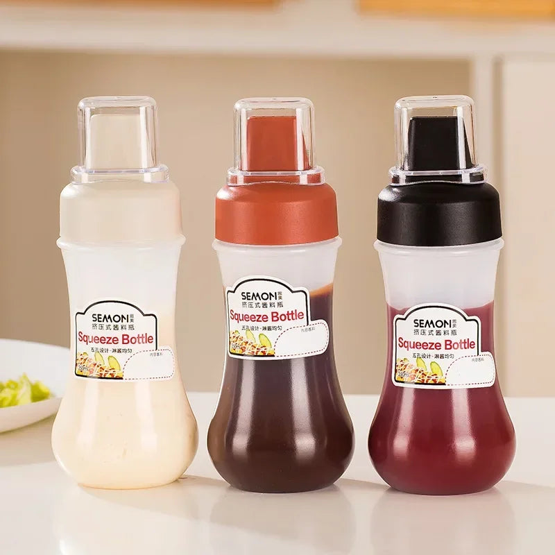 350ml Squeeze Condiment Bottles 5 Hole Sauce Squeeze Bottle With Clear Cover Kitchen Ketchup Mustard Sauce Olive Oil Bottles Qme
