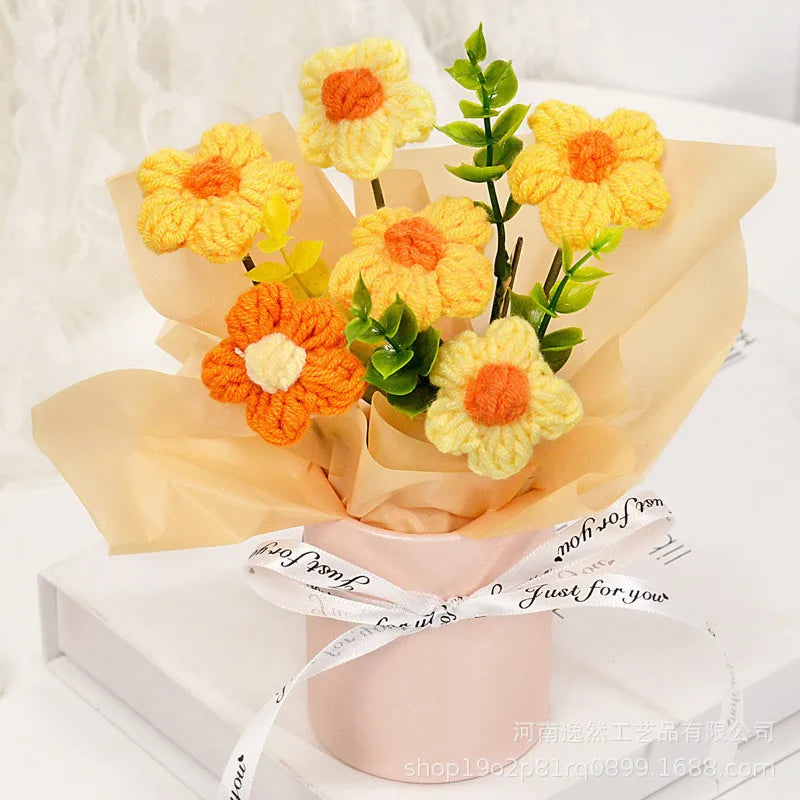 Handmade Crochet Tulip Bouquets, Knitted Tulip Bouquets, Mother's Day Birthdays, Weddings, Christmas, DIY Decorations Qme Yellow-1pc