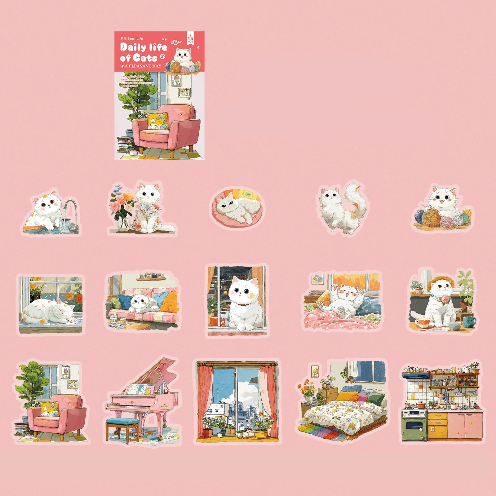 15Sheets/Bag Kawaii Cute Cartoon Cat Pet Theme PET Stickers for DIY Craft Scrapbooking Guitar Phone Case Laptop Water Bottle Dec Qme 2