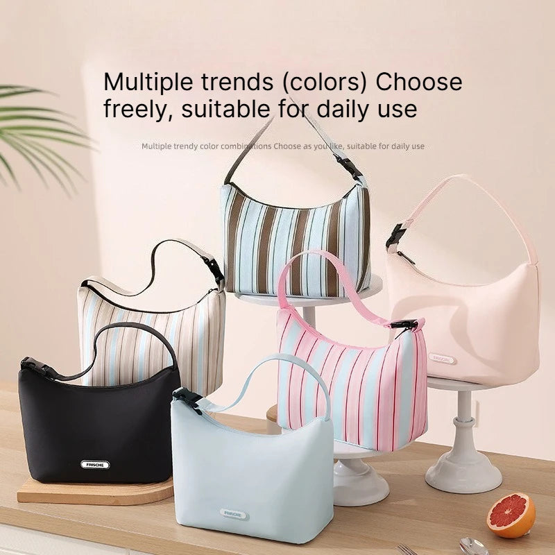 A Handheld Crossbody Striped Cooler Lunch Box Bag Lightweight Waterproof Reusable Bento Bag Outdoor Travel Picnic Food Carrier Qme