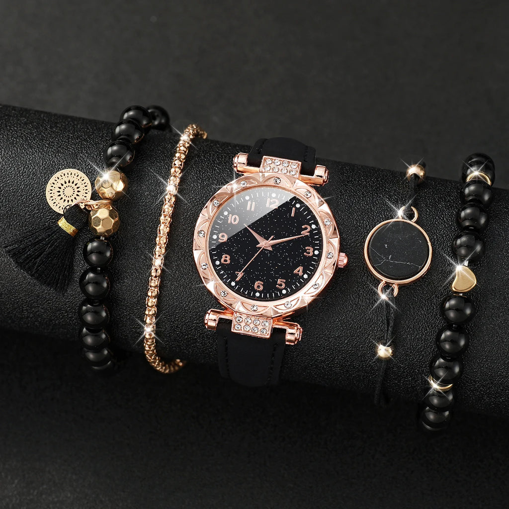 5PCS/Set Rose gold black glitter starry sky dial women's black belt watch 4-piece set bead bracelet, not including gift box Qme