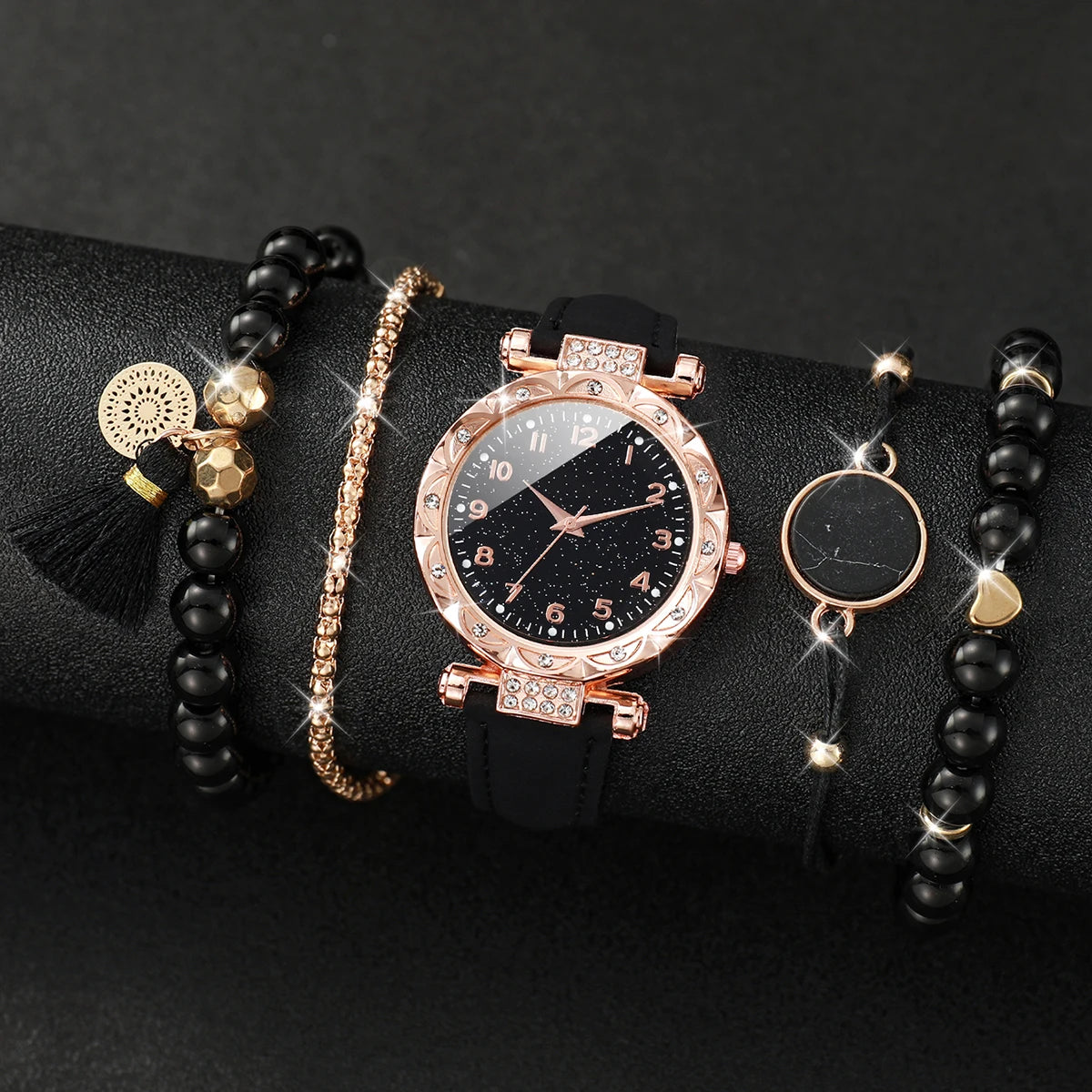 5PCS/Set Rose gold black glitter starry sky dial women's black belt watch 4-piece set bead bracelet, not including gift box Qme