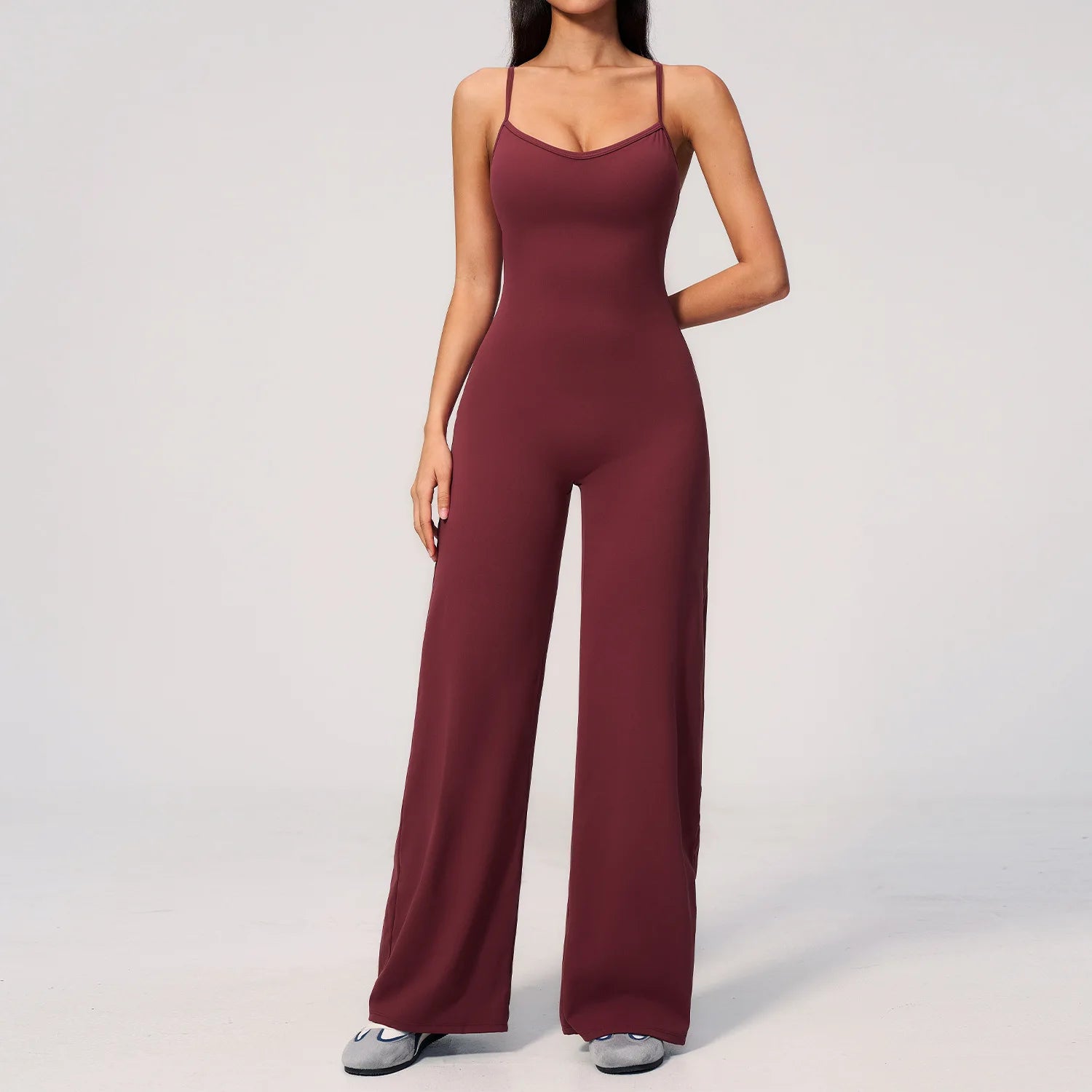 B New Summer Women Sleeveless Yoga Jumpsuit Female Gym Wide-Leg Pants Neck-hanging Backless Sportswear Sport Outfit For Woman Qme Vintage red S