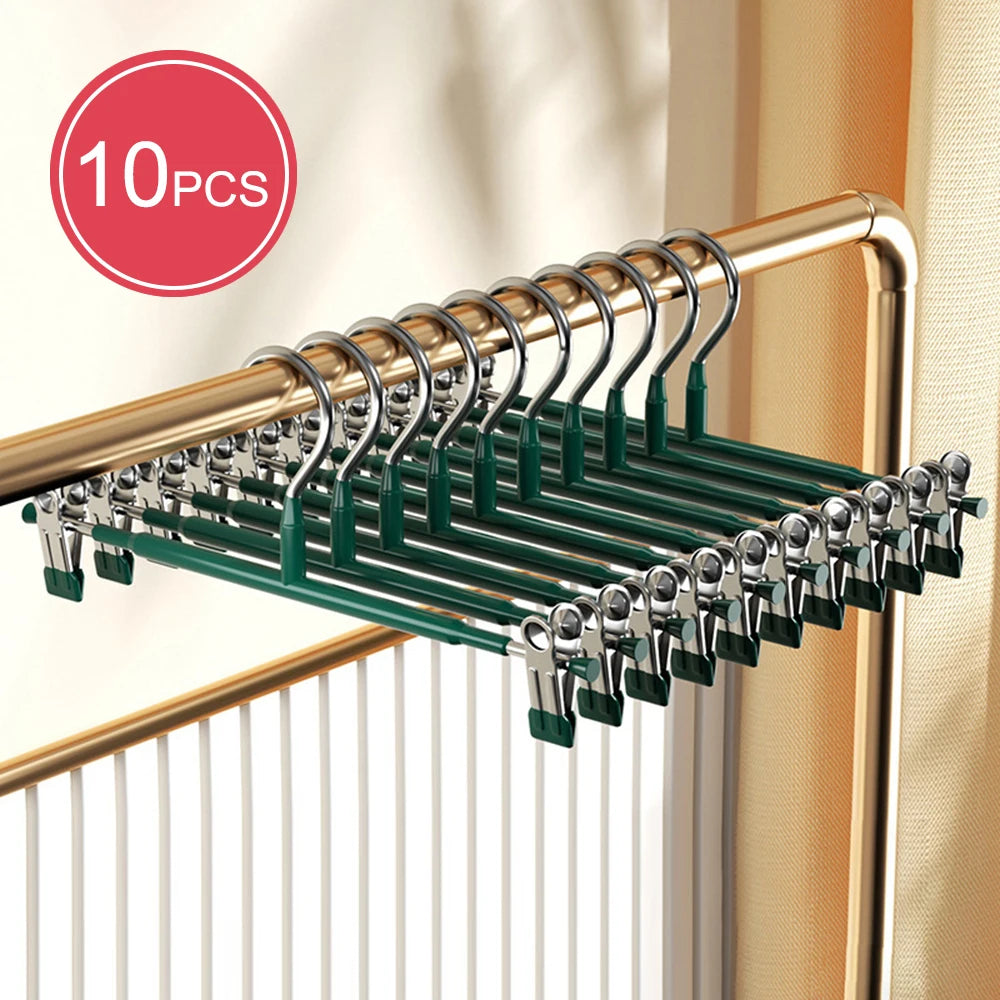 Adjustable Metal Hangers with Clips, Non-Slip Space-Saving for Pants/Skirts & All Garments, Keep Clothes Tidy & Organized Qme 10pcs Green