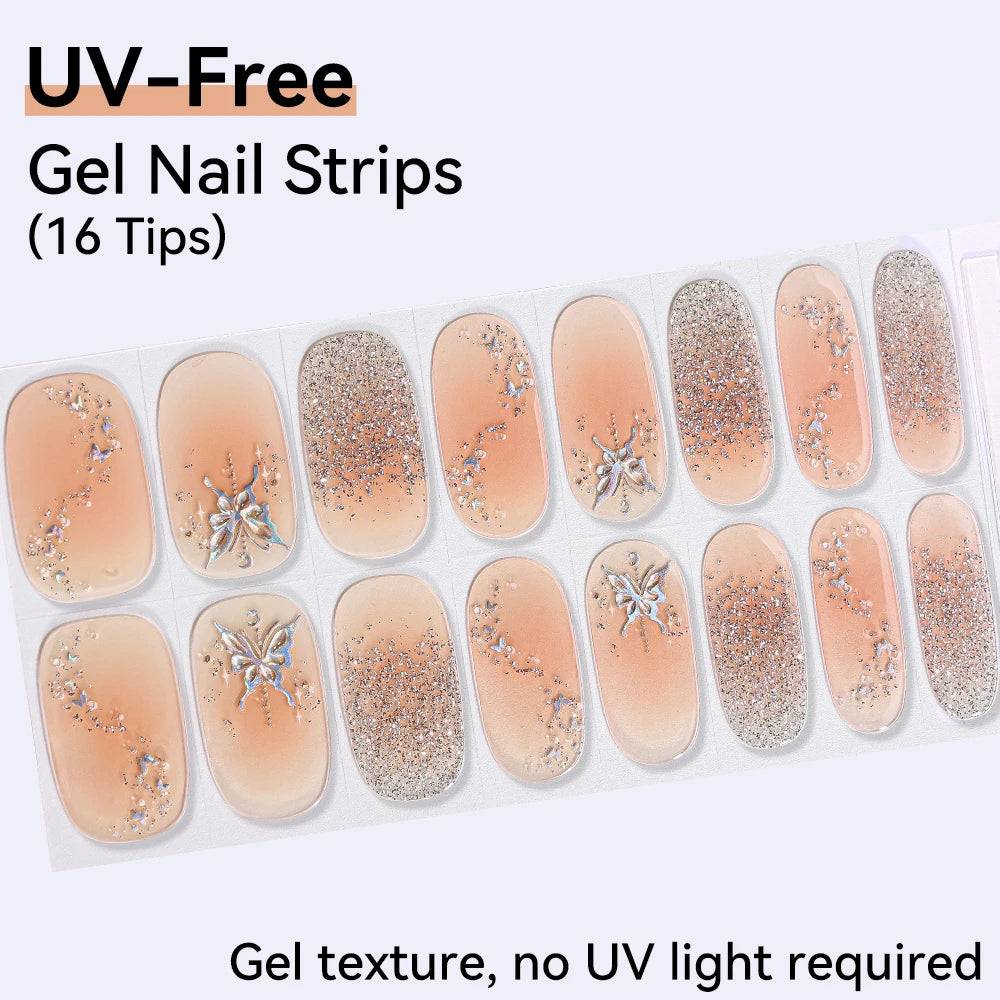 16Tips Pink Red French UV-Free Gel Nail Stickers Sparkly Shinning