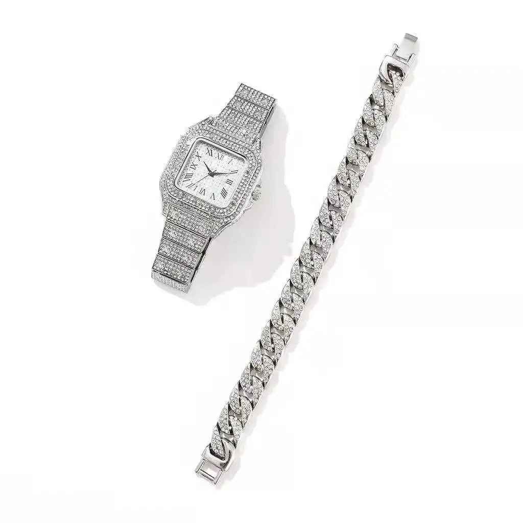 Men's Rhinestone Square Big Dial Hip Hop Watch + Rhinestone Chain Zinc Alloy Bracelet Set Qme