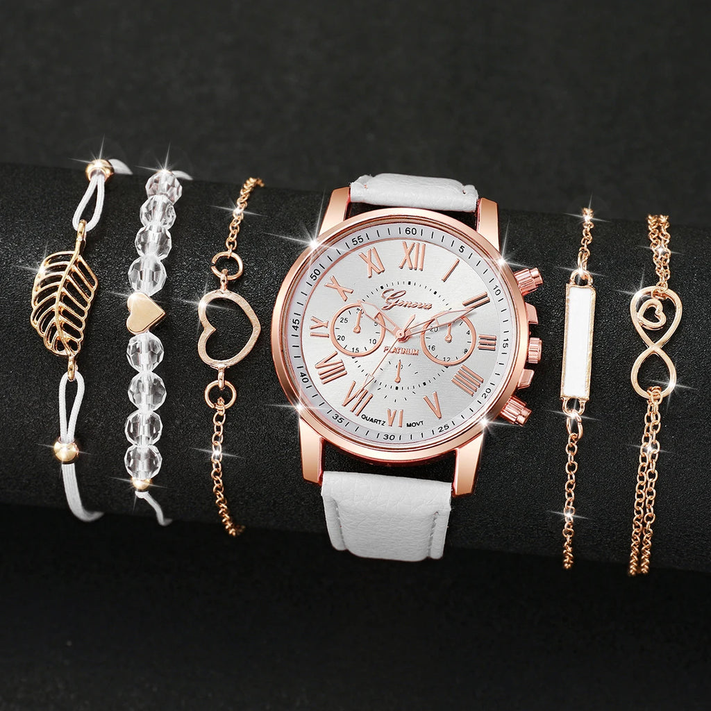 6 Pçs/set Relógio Feminino Moda Roma Dial Relógios de Quartzo Conjunto de Pulseiras (Sem Caixa) Qme