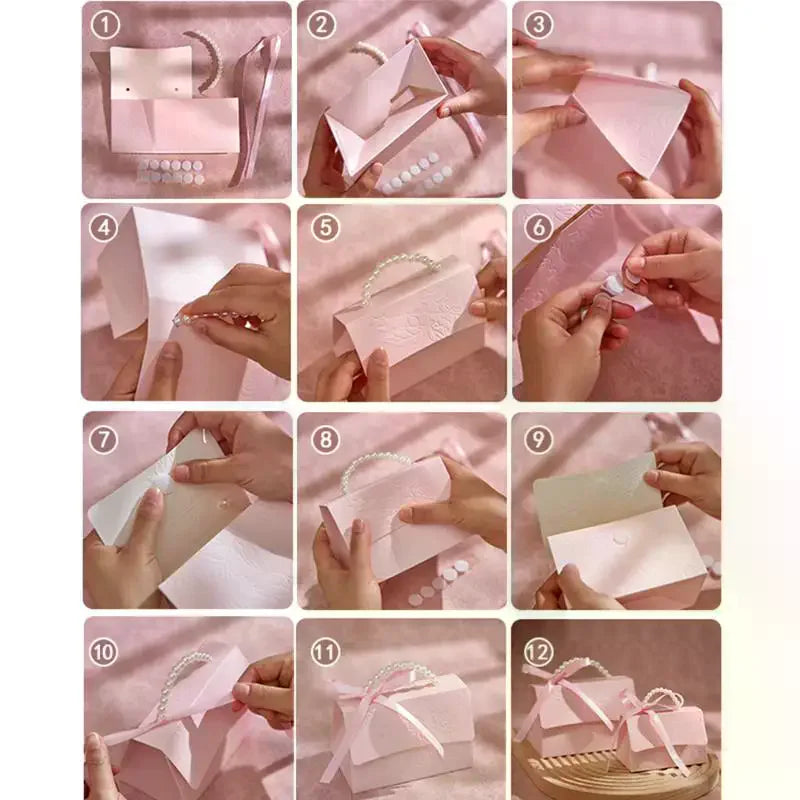 10PCS Pink Pearl Portable Gift Box Wedding Portable Ribbon Souvenir Wedding Candy Paper Box DIY Party Packaging Supplies Qme