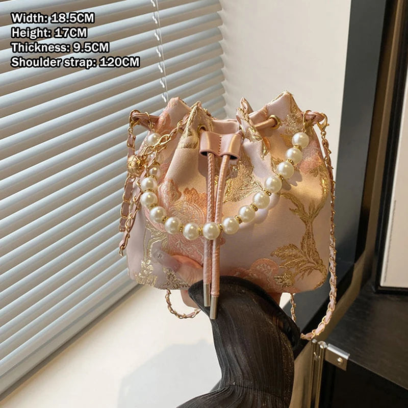 Pearl Chain Bucket Bag Women's Shoulder Bag Simple New Chinese Style Retro Crossbody Bag Qme Pink2