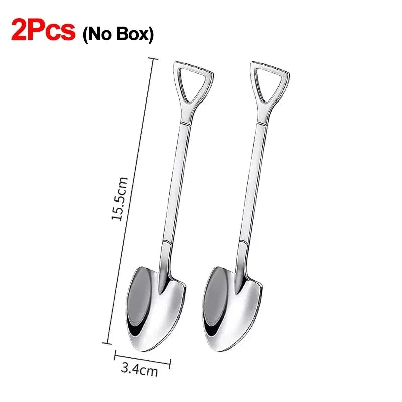 Stainless Steel Shovel Spoon Cutlery Coffee Tea Spoon Ice Cream Dessert Fruit Party Scoop Teaspoon Kitchen Tableware Cutlery Set Qme A-2PCS