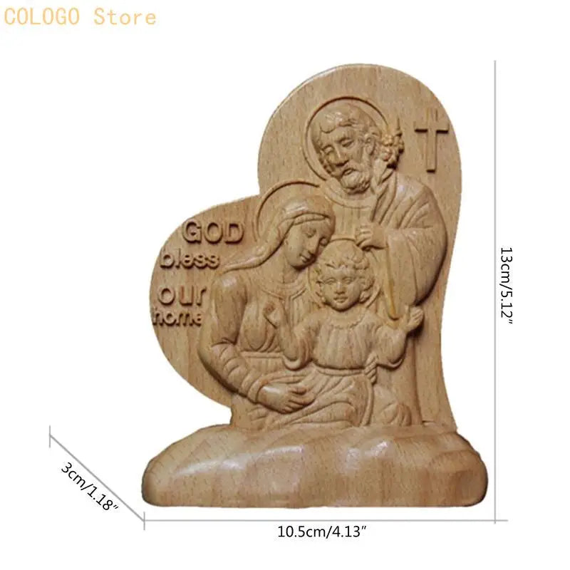 Wooden Figurine Catholic Love Heart Shaped Jesus Holy Family Carving Qme