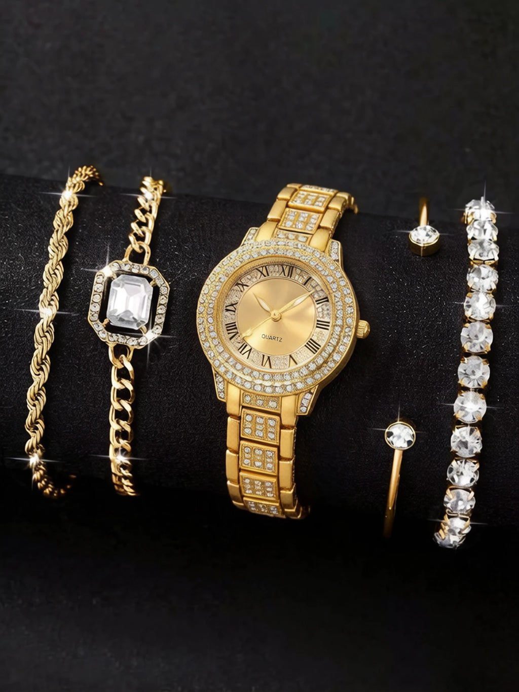 5-piece fashionable women's Roman pattern watch set, treasure bowl quartz watch set, full diamond bracelet quartz watch set Qme Gold No