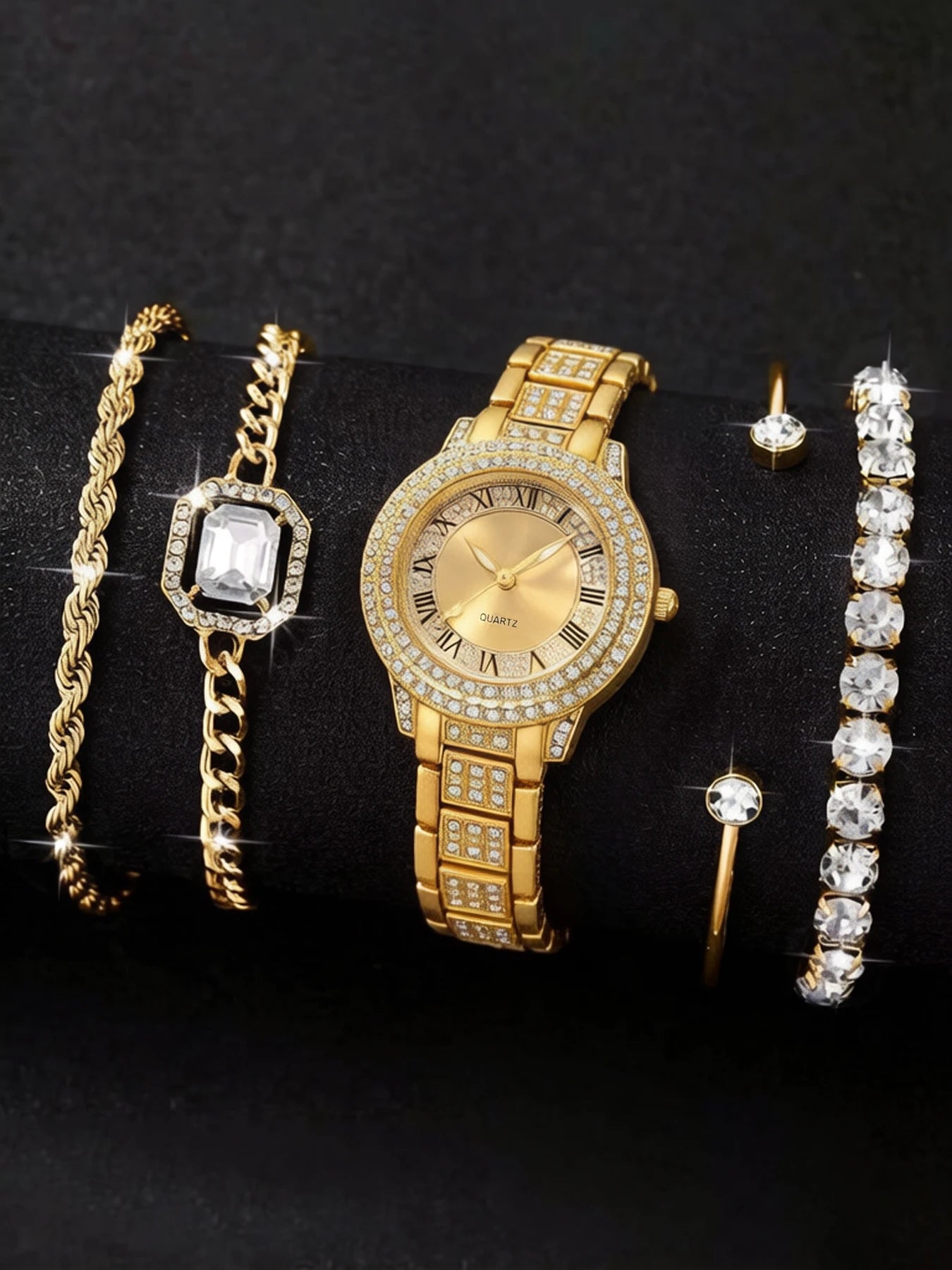 5-piece fashionable women's Roman pattern watch set, treasure bowl quartz watch set, full diamond bracelet quartz watch set Qme Gold No