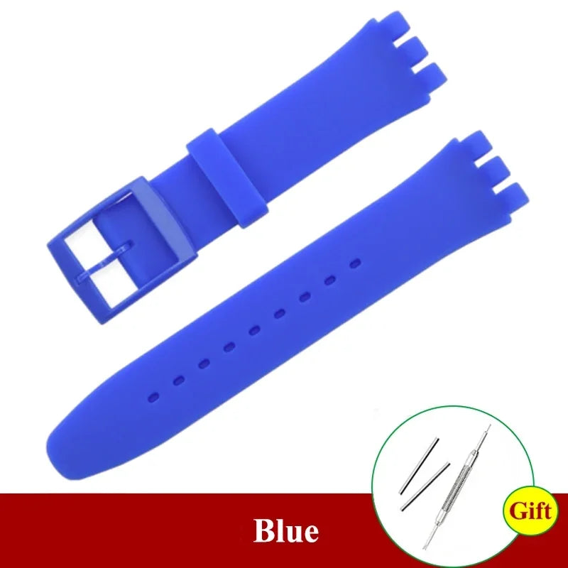 16mm 17mm 19mm 20mm Soft Silicone Bracelet Colorful Watchband for Swatch Watch Strap Replacement Watches Accessories with Tool Qme Blue 17mm