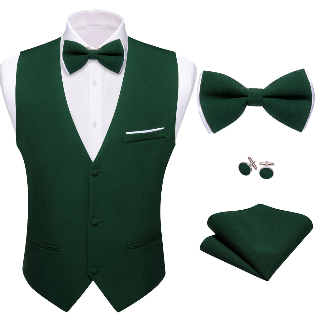 Men's Formal GreenVest and BowTie Set – Classic V-Neck Waistcoat with Matching Tie Ideal for Banquets Celebrations Qme MJ-2774 XXXL