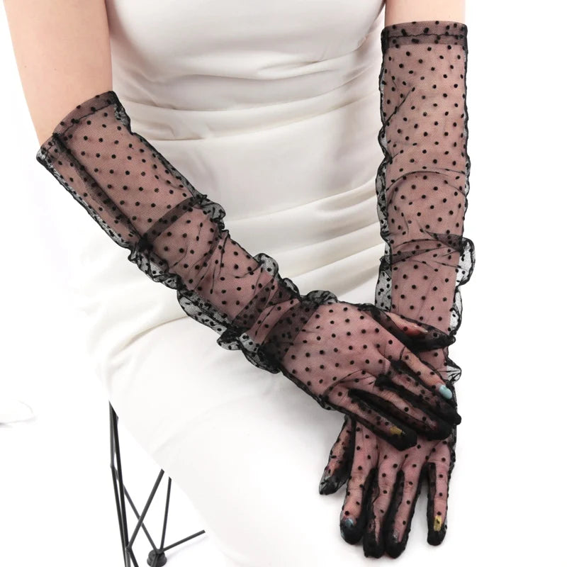Women Sexy Lace Black Gloves Gauze Wavy Dot Mittens Fashion Sunscreen Breathable Bridal Wedding Etiquette Long Fishnet Gloves Qme