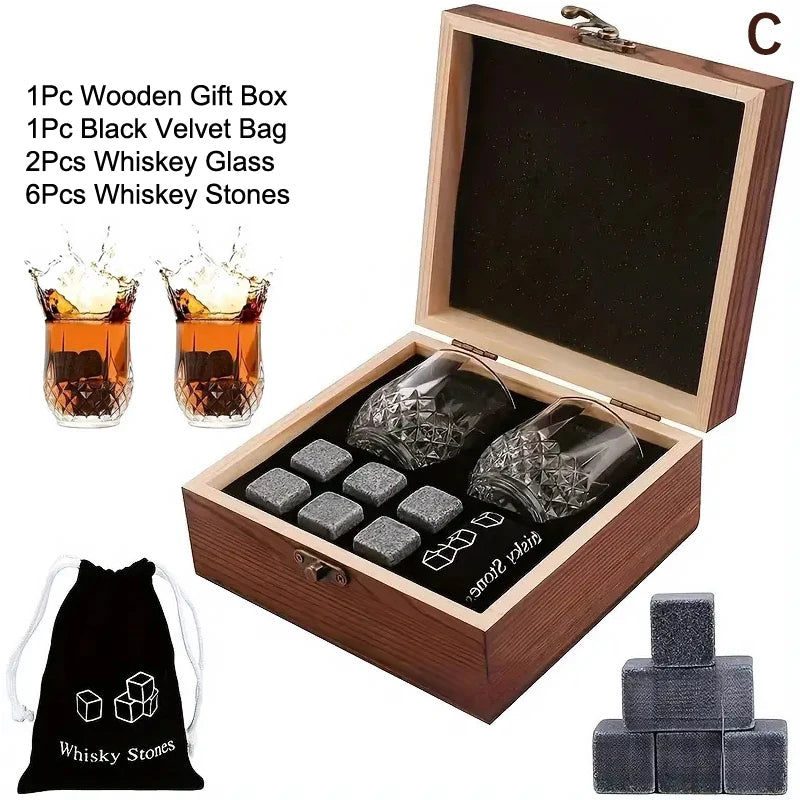 Father's Day Whiskey Stones Granite Ice Cubes+ Cups Whisky Wooden Qme C