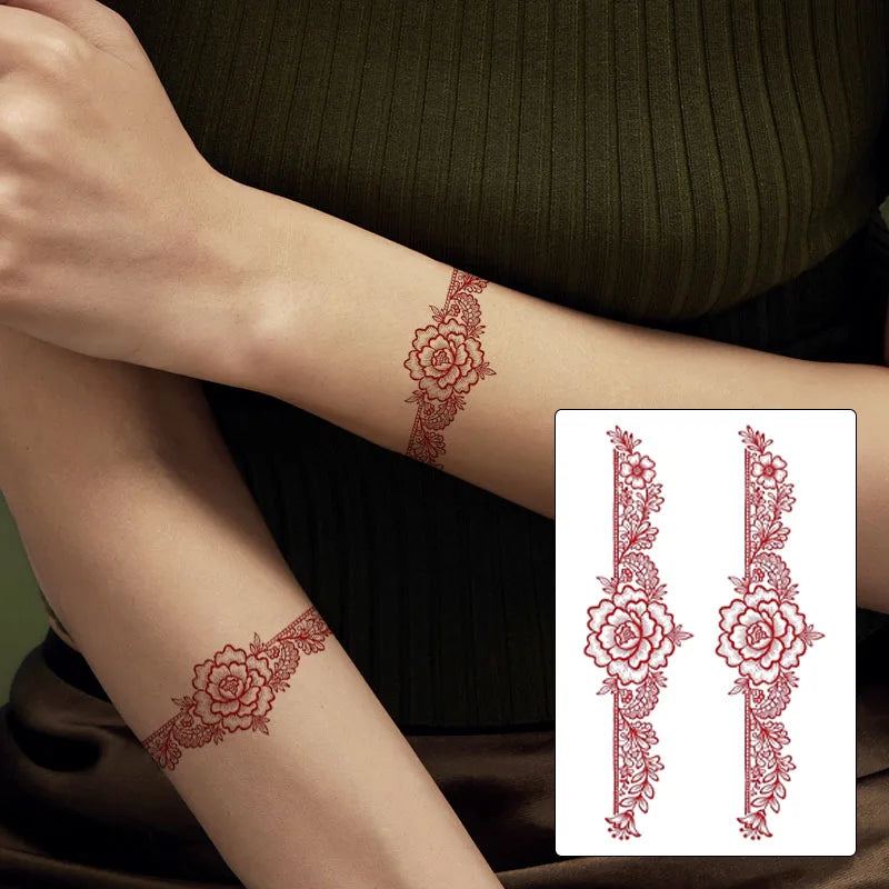1P Red Rose Temporary Tattoo Bracelet Tattoo Sticker Waterproof Sweatproof Realistic Tattoo Hand-drawn Art Design Qme
