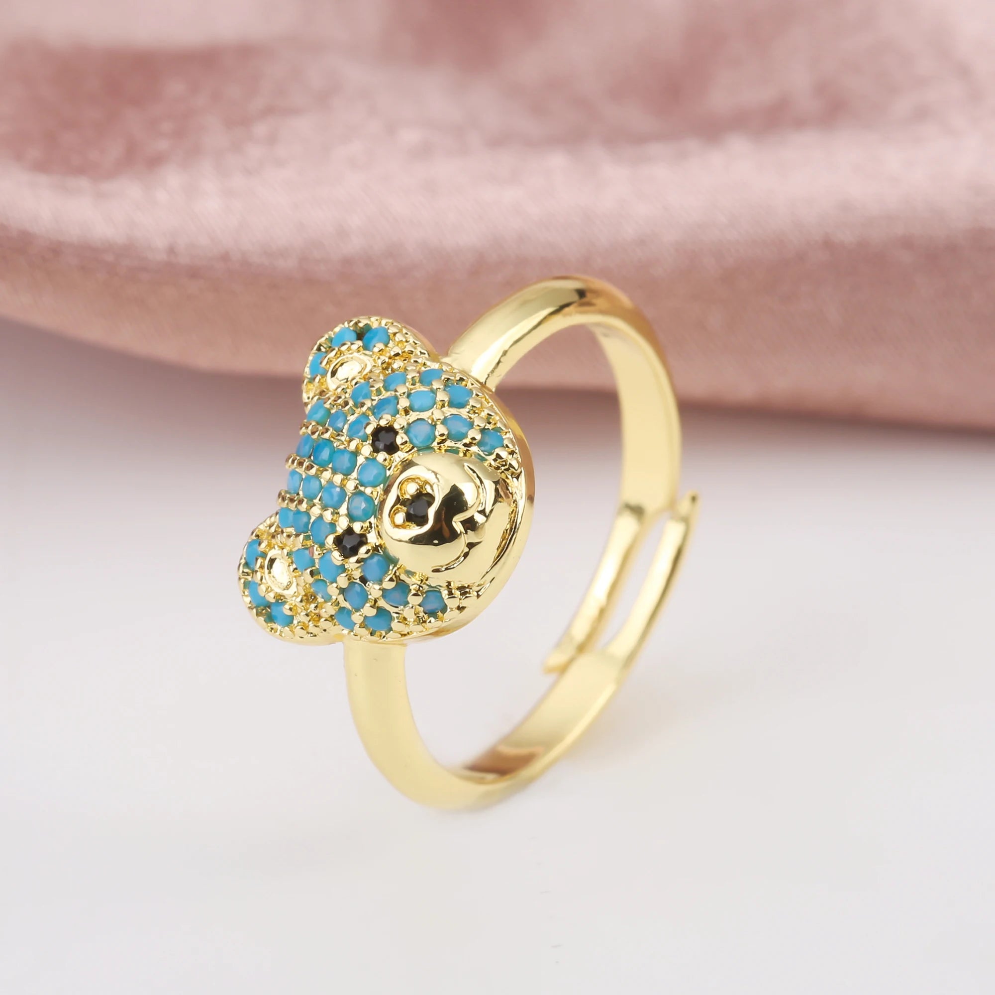 Shiny Cubic Zircon Bear Ring Cute Animal Gold Plated opening Adjustable Ring Luxury for Man Woman Party Jewelry Friendship Gift Qme Blue resizable