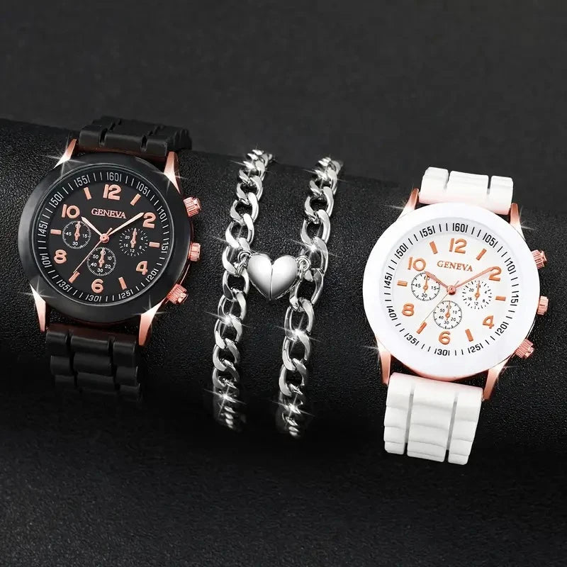 Geneva Couple Watch Set Silicone Band Men Women Quartz Wristwatch Sun Moon Pendant Necklace Jewelry Set Qme 3