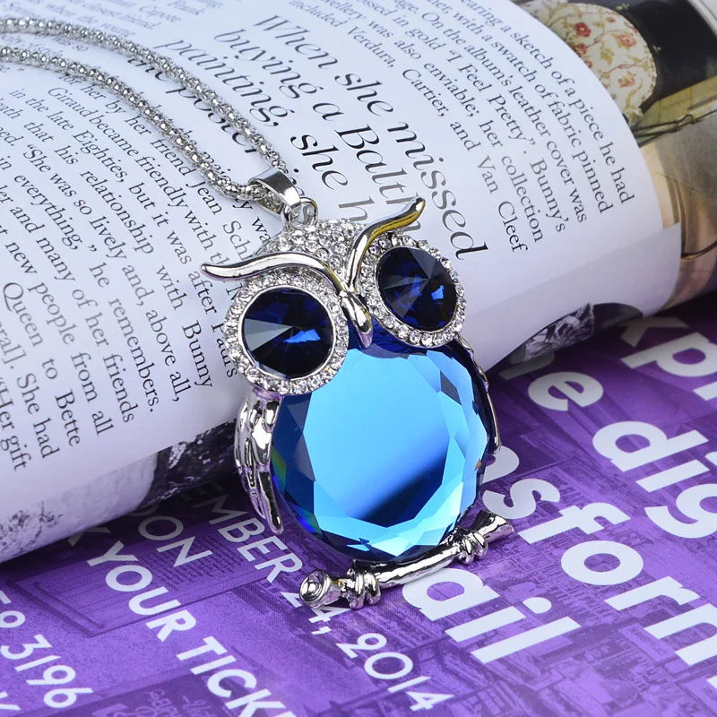 New Vintage Crystal Owl Necklaces Fashion Design Pendant Necklace Women Sweater Chain Jewelry Clothing Accessories Qme White royal blue 80cm