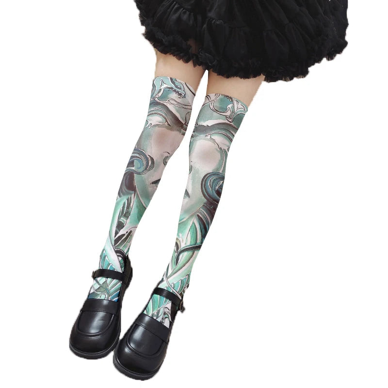Women's Sexy Thigh-high Stockings Trend Tattoo Full Print Pattern 3D Qme style7 46CM