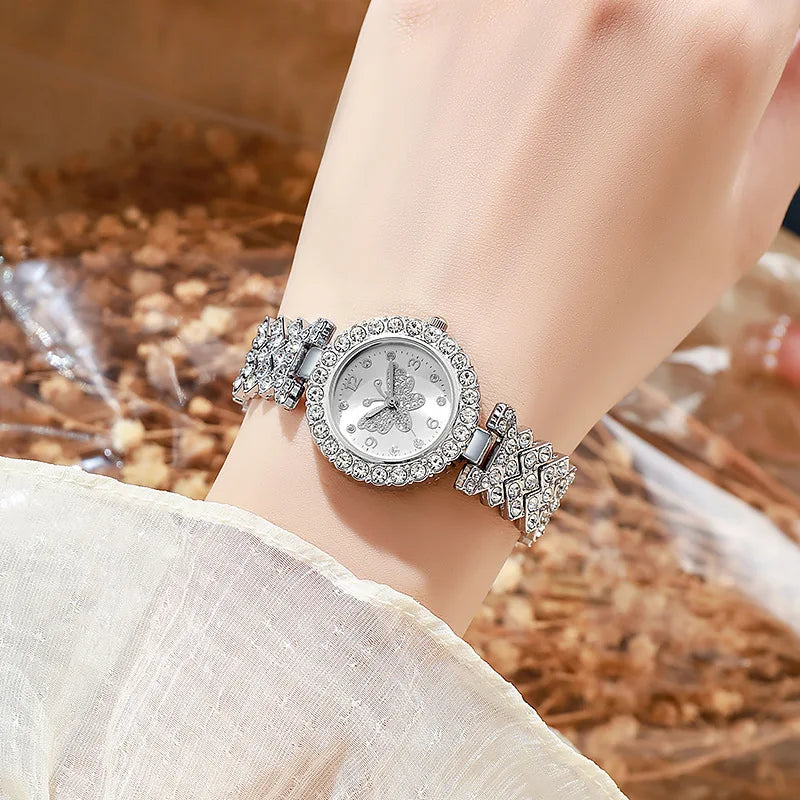 5PCS Fashion Rhinestone Butterfly Dial Women Quartz Watch Elegant Ladies Bracelet Wristwatch Jewelry Set Reloj Mujer（Without Box Qme