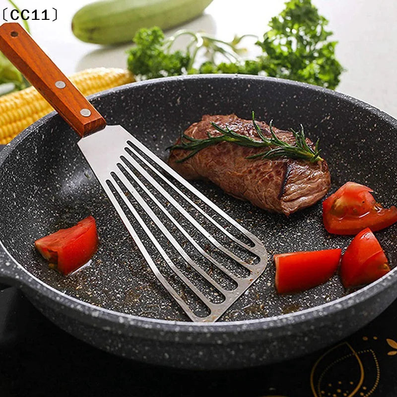 Stainless Steel Fish Frying Shovel Wooden Handle Fan-shaped Household Qme