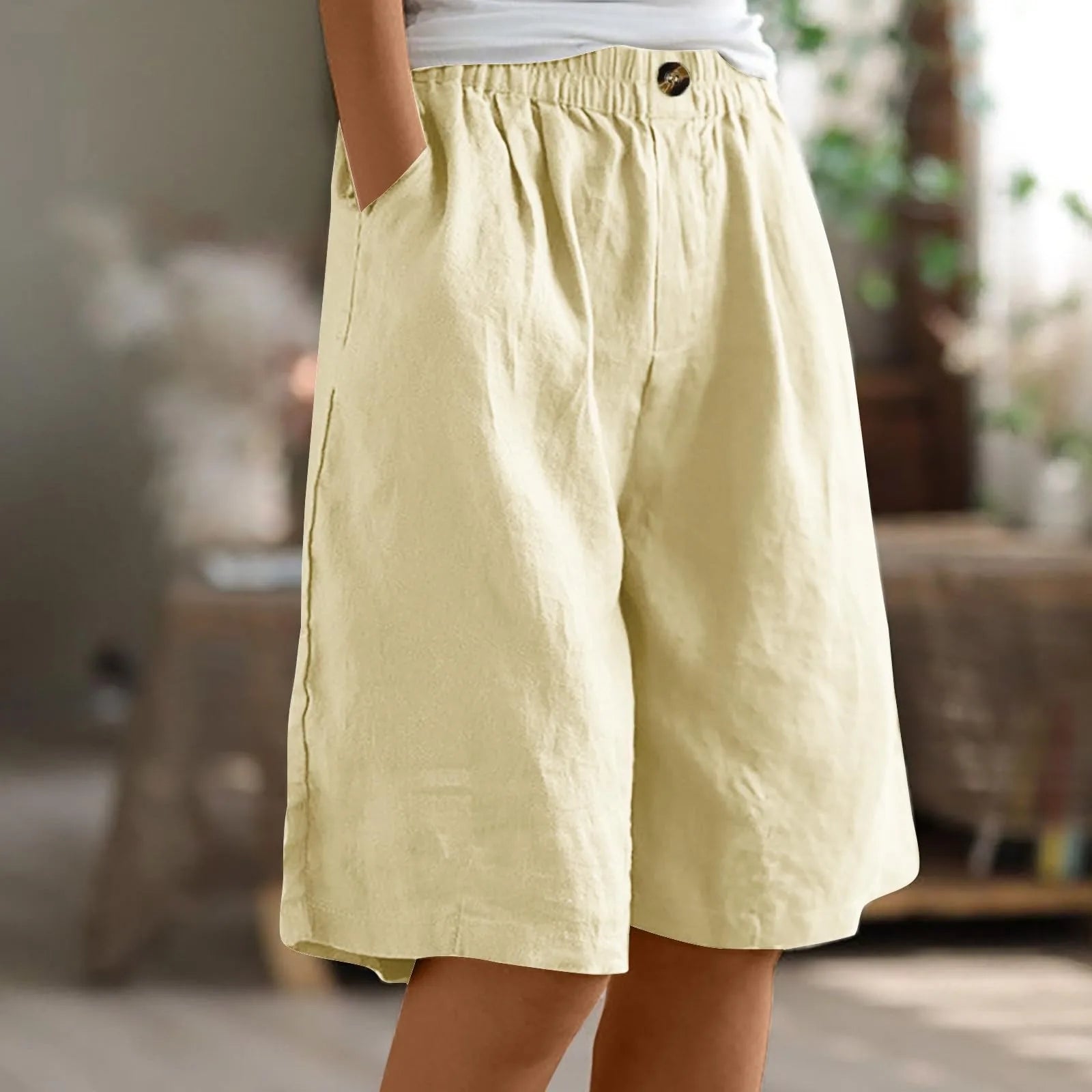 Female Fashion Solid Color Elastic High Waist Pocket Button Up Loose Cotton Linen Five Length Shorts Summer Soft Comfort Pants Qme Khaki S