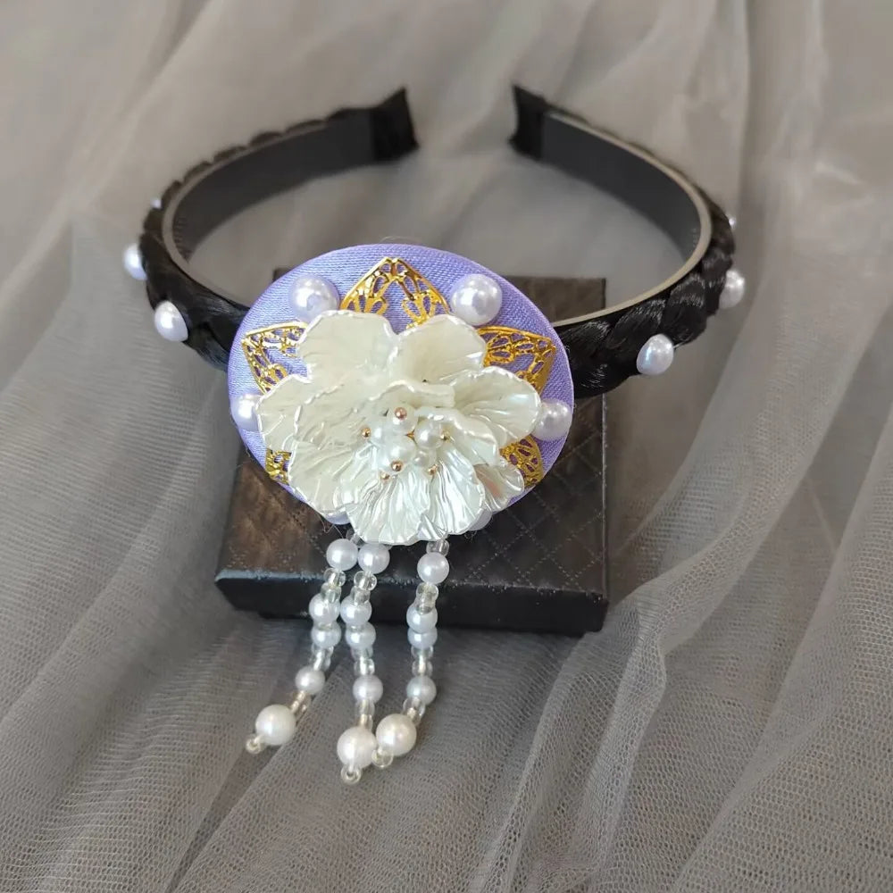 Fashion Flower Korean Headband Tassel Beaded Hanbok Hairband Pearl Qme Light Purple