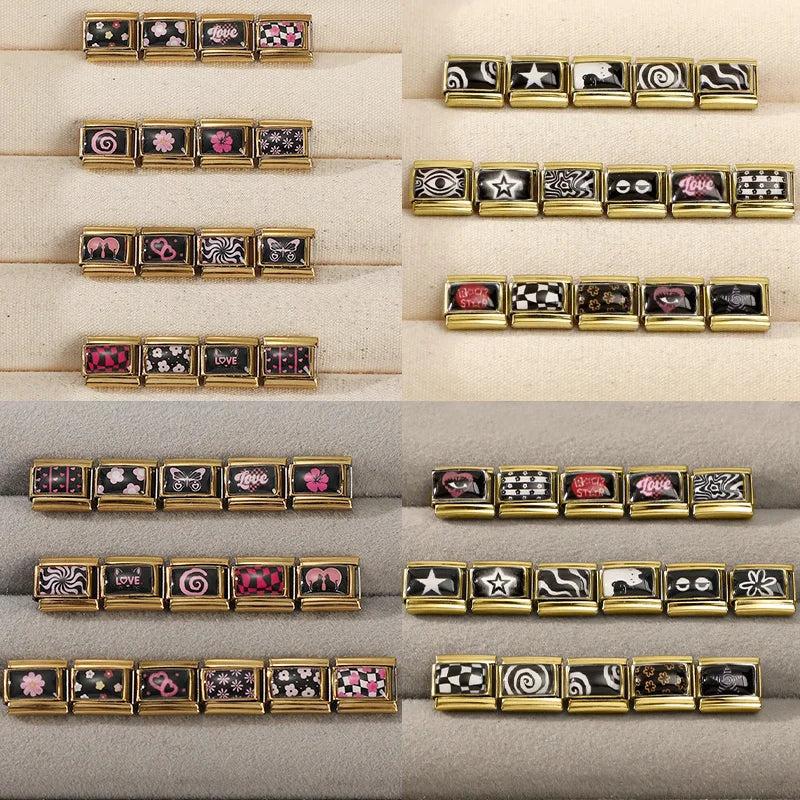 Drop Shipping Y2K Love Heart Eyes Lips Cats Flowers Golden Italian Charm Fit 9mm Stainless Steel Bracelet Wholesale Jewelry Gift Qme