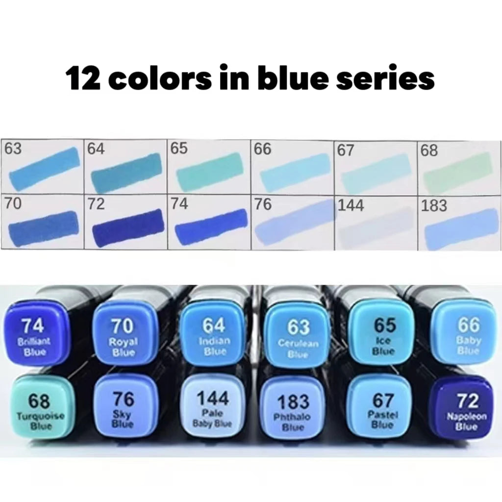 12 Pcs Oily Marker Pen Set Art Alcohol Based Markers Dual Tips Sketching Drawing Graffiti Manga School Art Supplies Qme Blue series