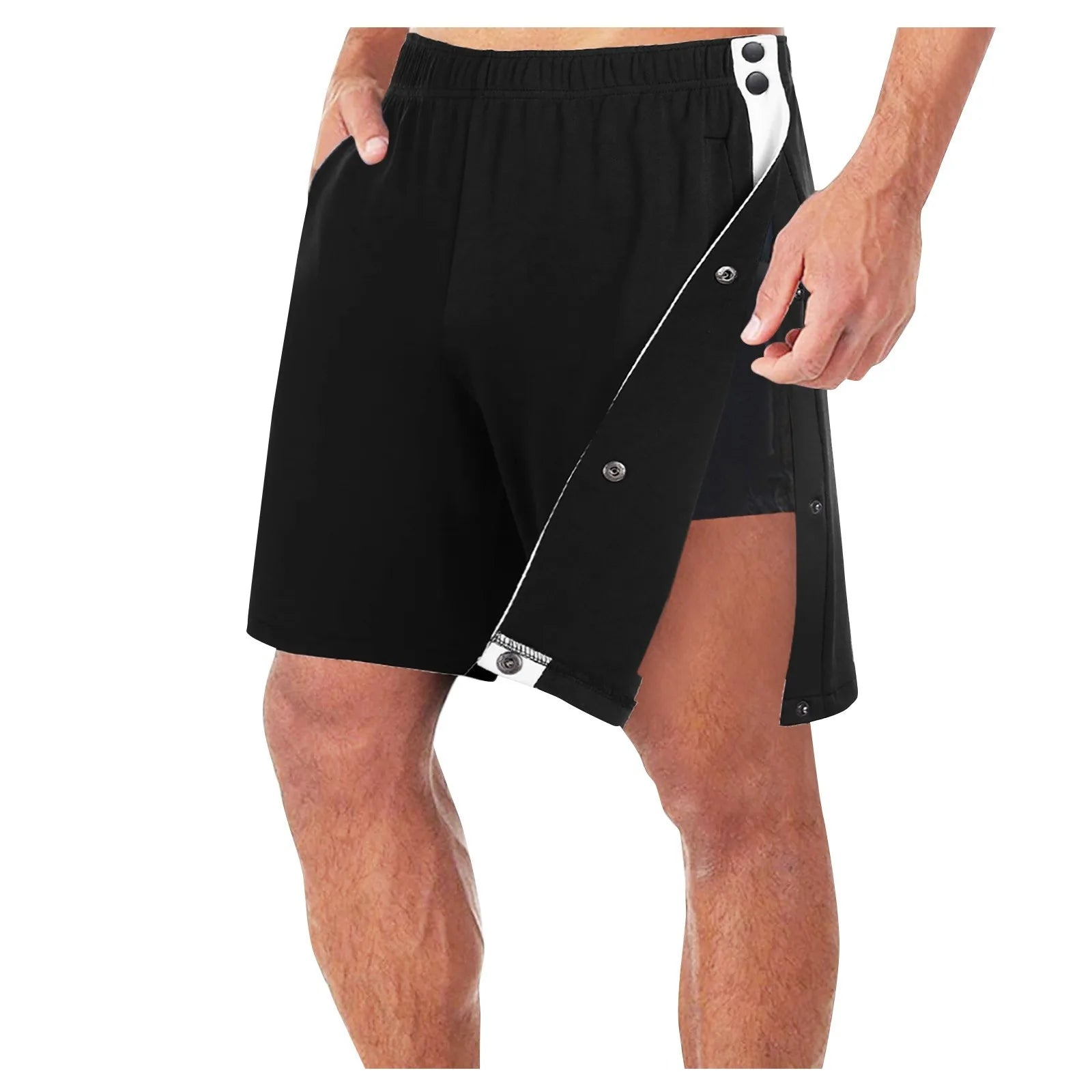 Man Loose Straight Side Buckle Split Elastic Waist Shorts With Pocket New Fashion Trendy Casual Sport Training Five Length Pants Qme Black XL