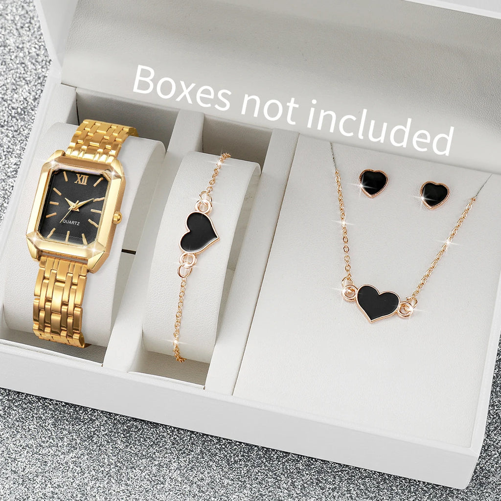 2/5PCS Fashion Roma Dial Women Watches Heart Jewelry Set Ladies Elegant Alloy Strap Quartz Wristwatch Reloj Mujer (Without Box) Qme 5PCS Without Box