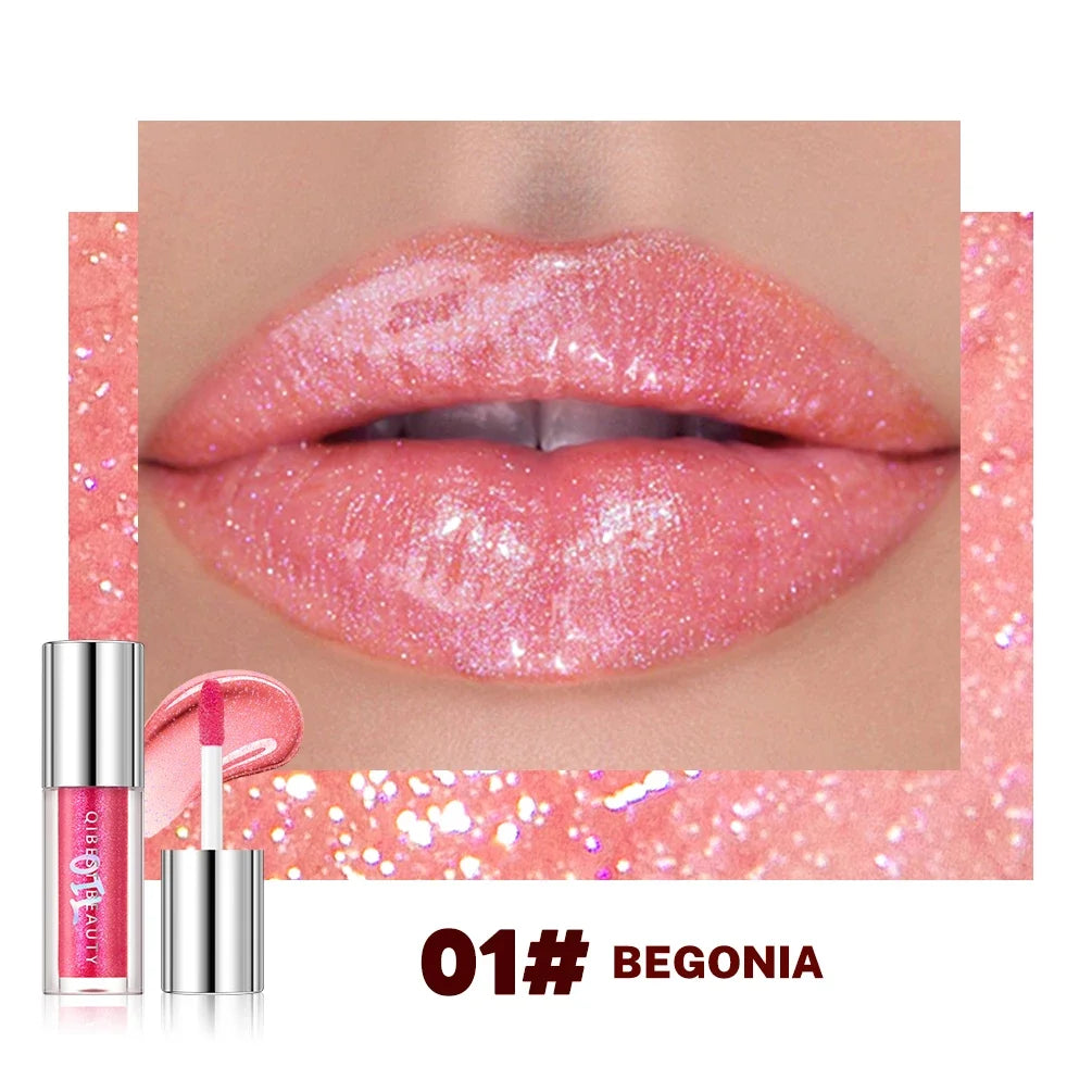 Qibest 8 Colors Moisturizing Diamond Shimmer Glitter Lip Gloss Makeup Sparkling Glitter Liquid Lipstick Pearl Lipgloss Tint Qme 01