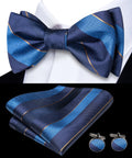 Hi-Tie Men's Bow Tie Handkerchief Cufflinks Set Blue Plaid Stripe Pattern Hand Tied Wedding Business Qme 2115