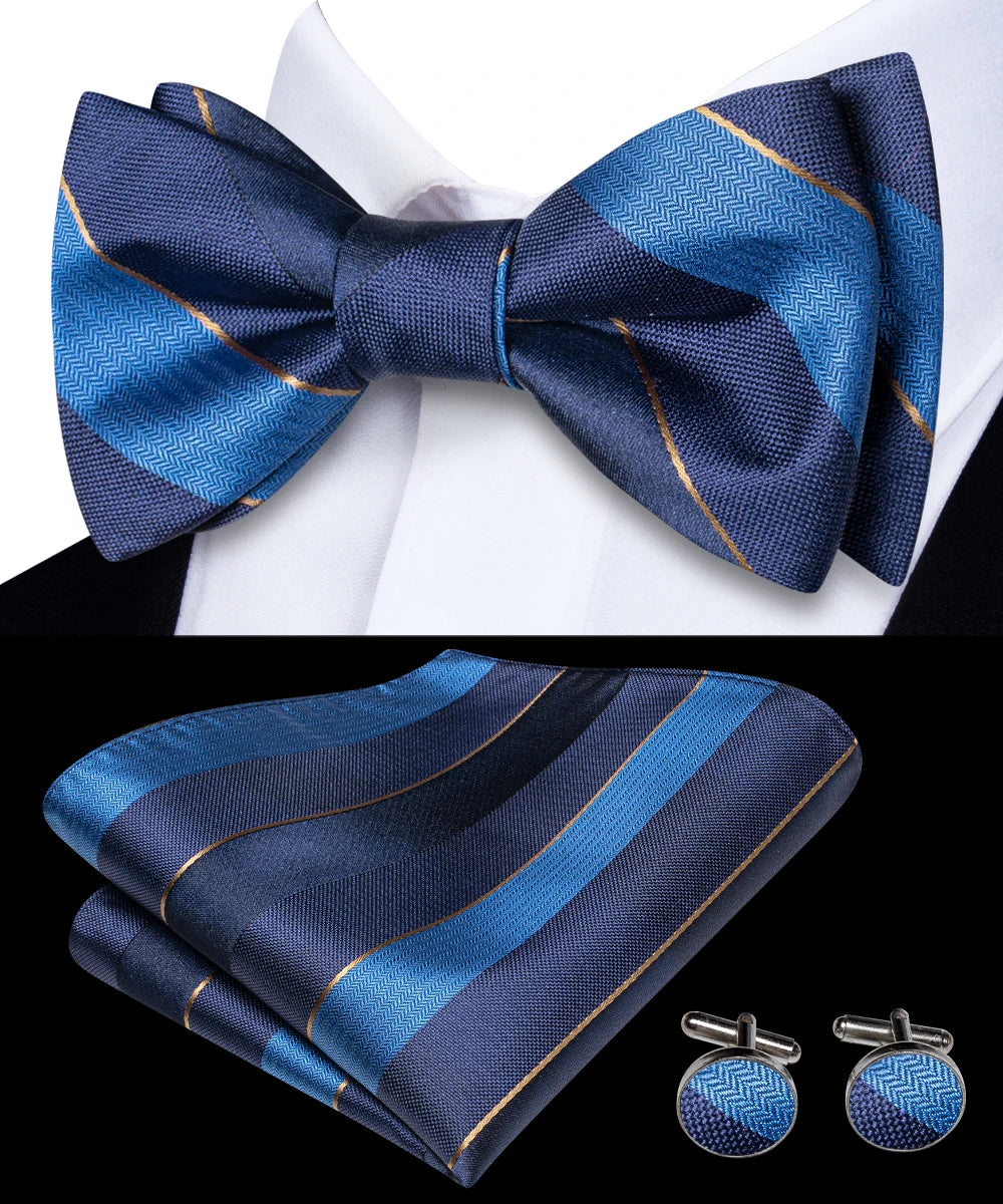 Hi-Tie Men's Bow Tie Handkerchief Cufflinks Set Blue Plaid Stripe Pattern Hand Tied Wedding Business Qme 2115
