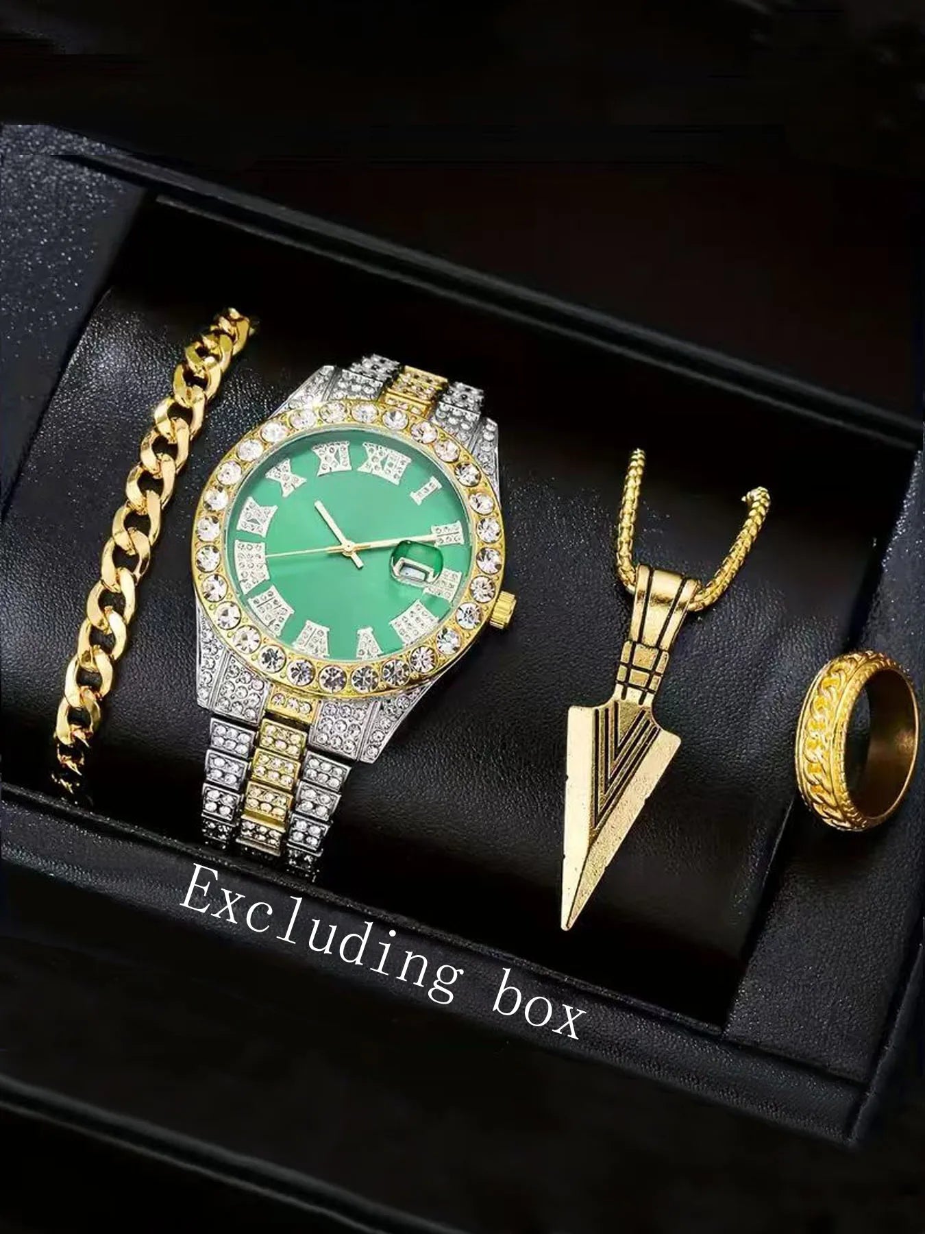 Men's Bling Jewelry Set: Two-tone Iced Out Watch + Cuban Bracelet + Spearhead Pendant Necklace + Ring, 4Pcs Hip Hop Set Qme green Yes
