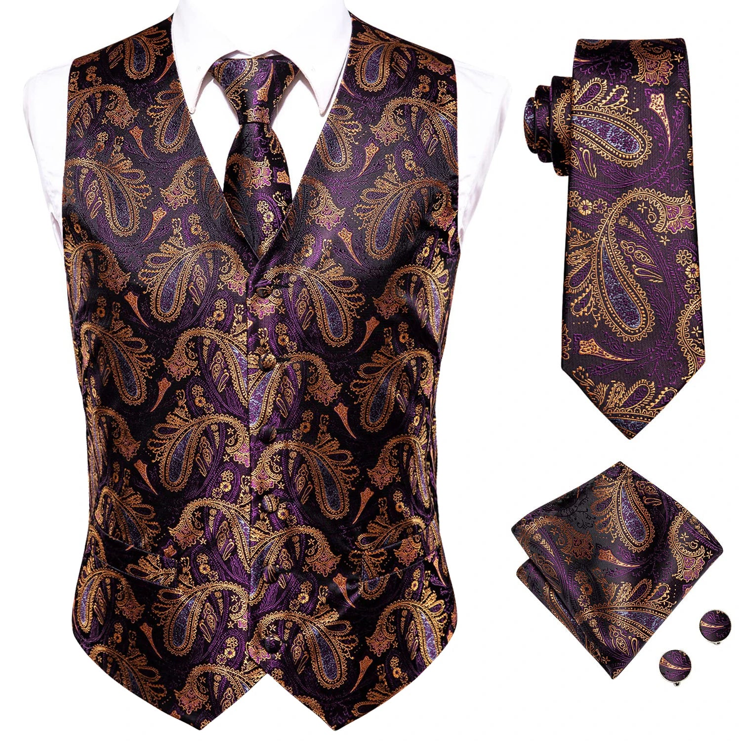 Mens Suit Vest Tie Hanky Cufflinks Jacquard Floral Paisley Waistcoat Qme