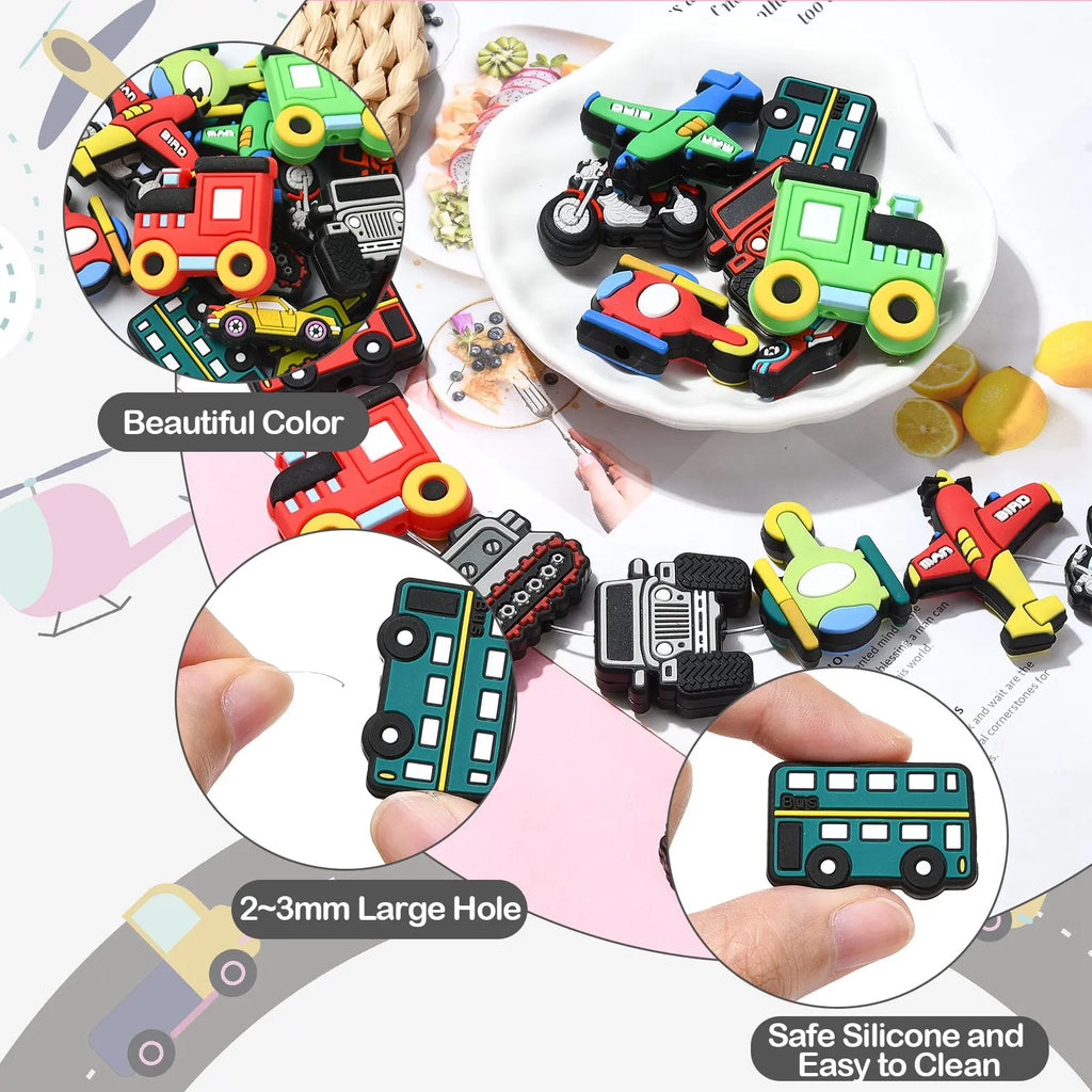 PandaHall 16Pcs Vehicle Car Silicone Focal Beads Cute Truck Helicopter Airplane Motorcycle Spacer Beads for DIY Jewelry Making Qme