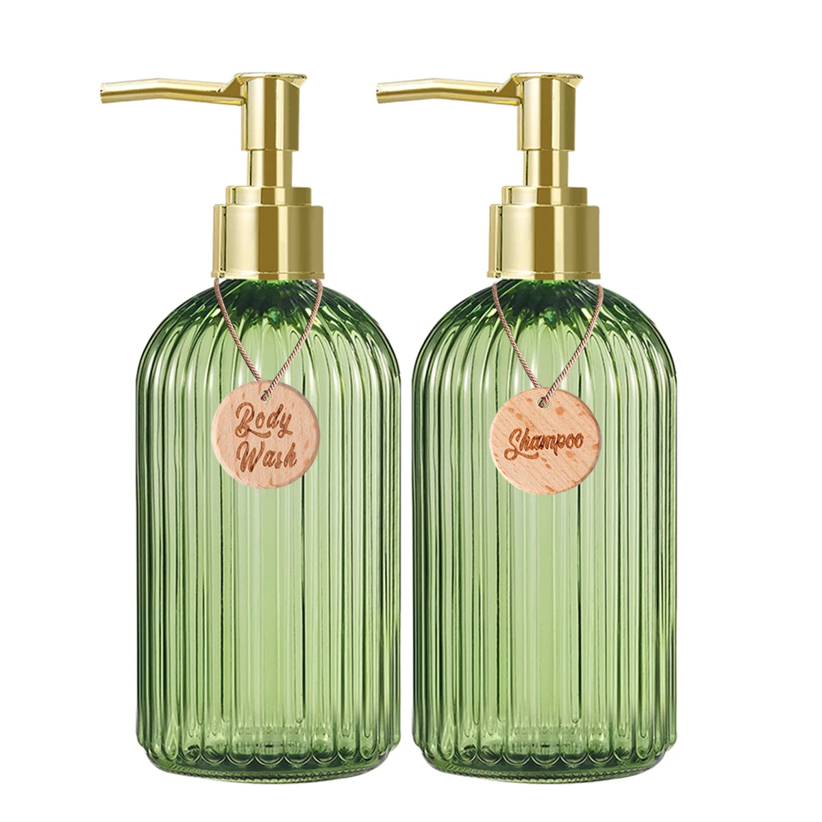 Reusable Shampoo Conditioner Body Wash Bottle Bathroom Shower Soap Dispenser with Wooden Tag Gold Bathroom Accessories Qme set of 2-A 500ml