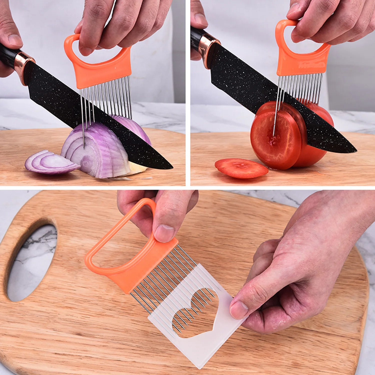 1Pc Effortlessly Slice Onions Colorful Onion Slicer Kitchen Stainless Steel Potato Chip Onion Holder for Vegetable Tomato Eggs Qme
