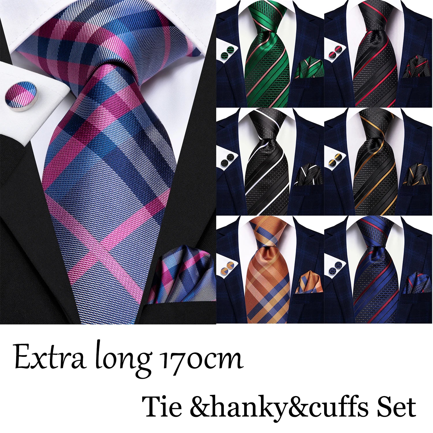 Hi-tie Formal Striped Men's Elegant Tie Handkerchief Cufflinks Qme