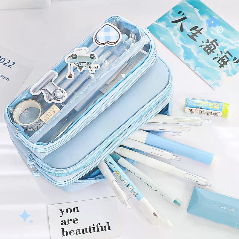 Chic Solid Pencil Case Korean Simplicity Transparent Pen Pouch Large Qme