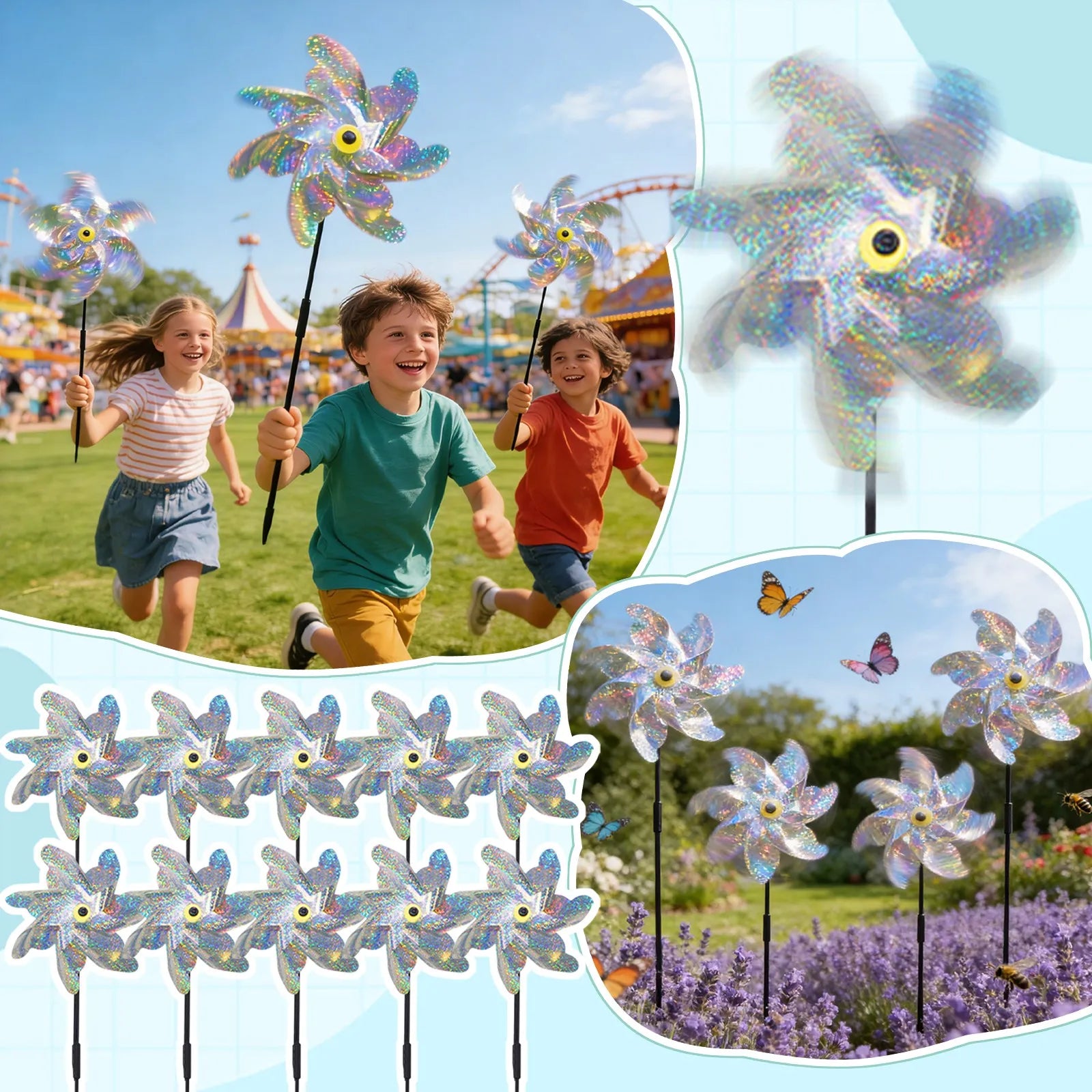10pcs Windmill Bird Insect Repellent Orchand Garden Decorations Reflective Wind Spinner Outdoor Decor DIY Lawn Windmill Qme One Size