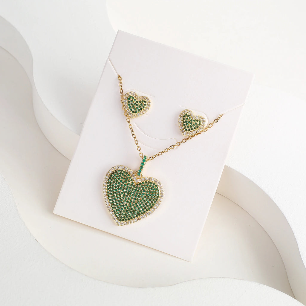 Luxury Cubic Zirconia Heart Shape Necklace Earrings Jewelry Set Classic for Women Girls Fashion Party Wedding Jewelry Wholesale Qme Green