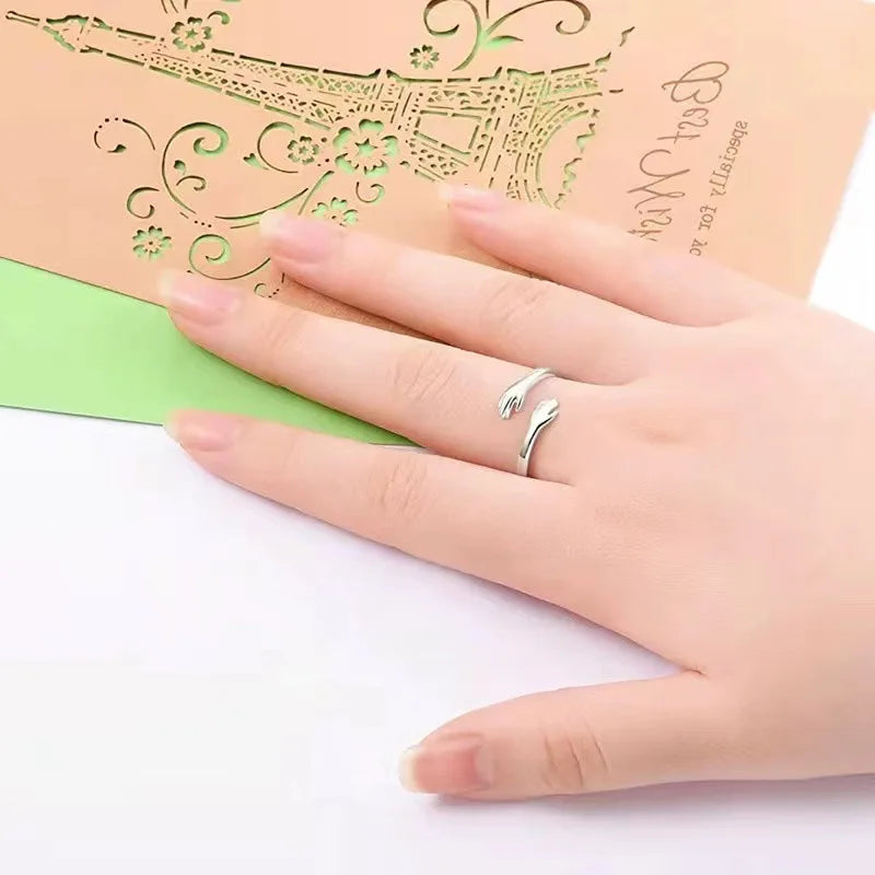 Lettering silver Color Warmly Embraced Love Hug Open Ring For Women Cute Creative Hands Embracing Adjustable Rings Jewelry Qme